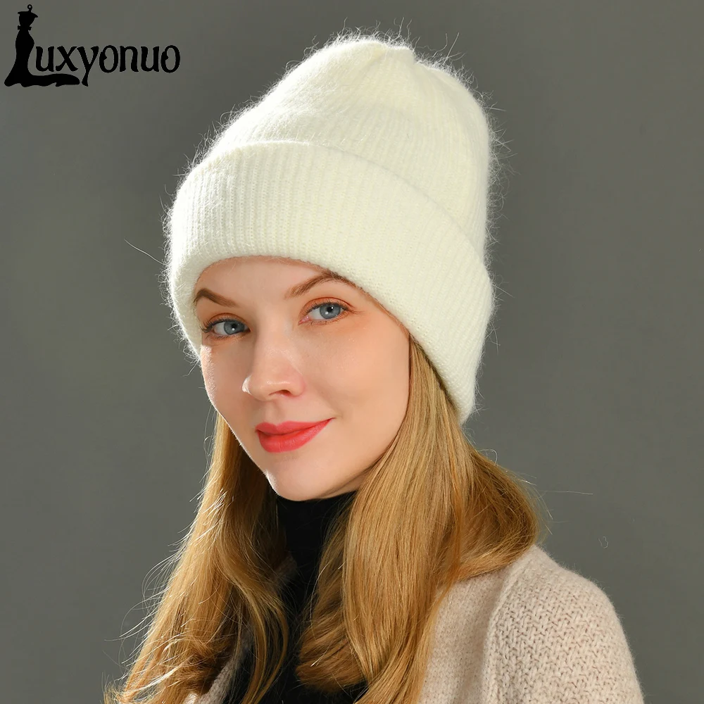 

Luxyonuo Autumn Winter Rabbit Hair Winter Skullies Hat Fashion Warm Mohair Beanies Hats Casual Women Solid Adult Female Cap