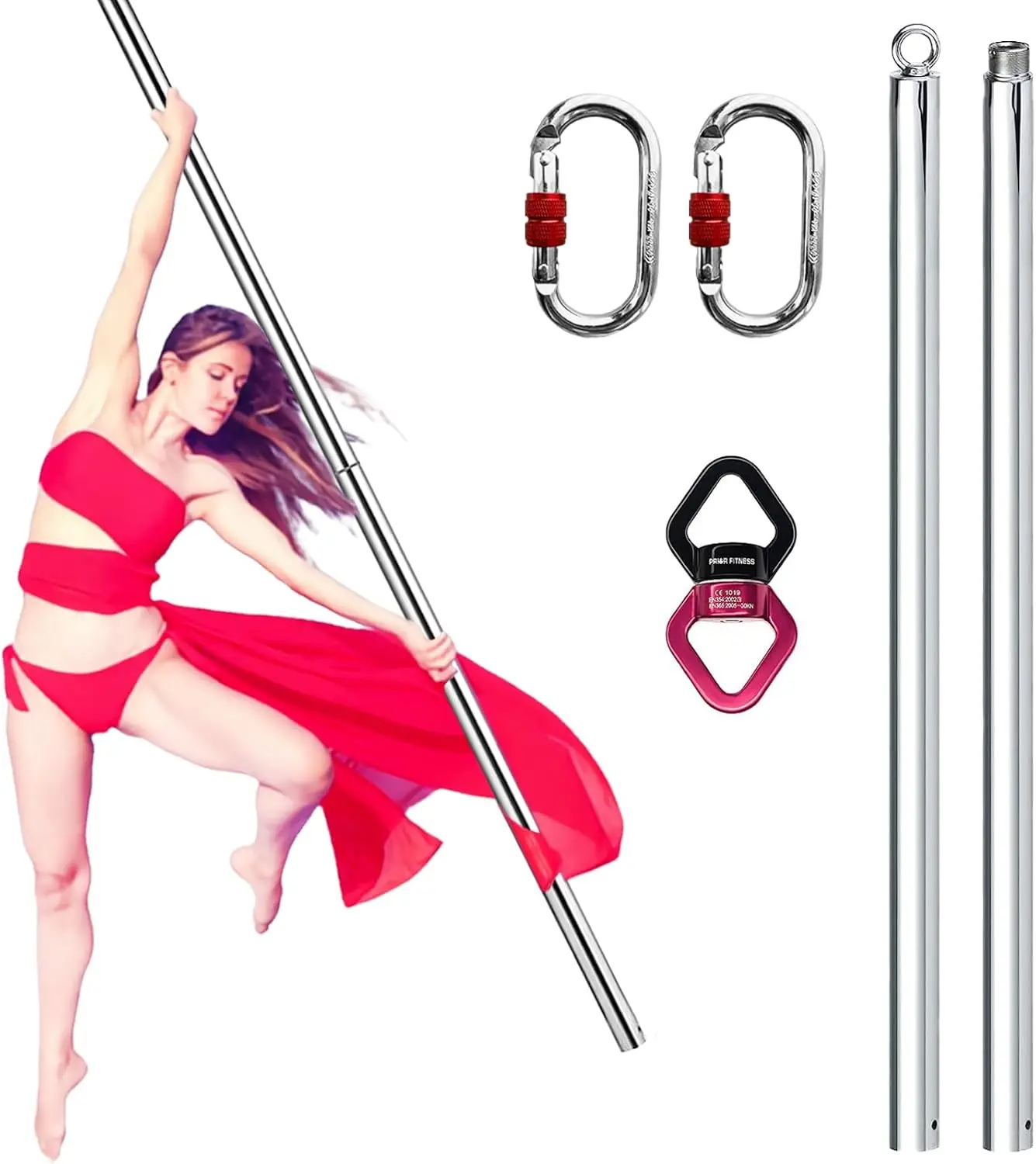 에어리얼 플라잉 댄스 폴 2M 360 °   회전식 스틸 폴 & 카라비너, SGS 인증 헤비 듀티 요가 댄스 피트니스