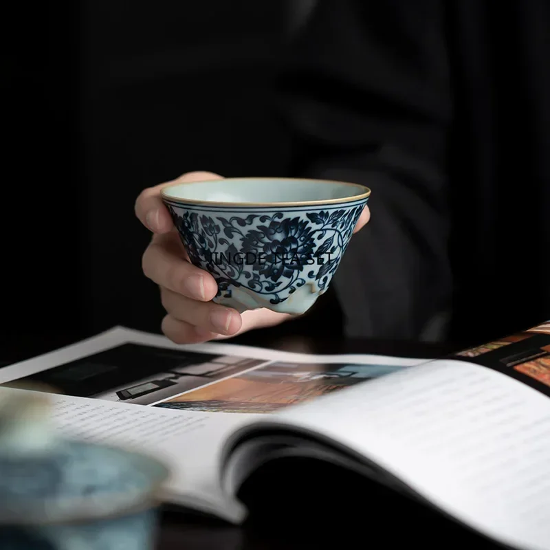 1 80ml Chinese retro blue and white ceramic tea cup handmade Ru kiln tea bowl household travel tea set