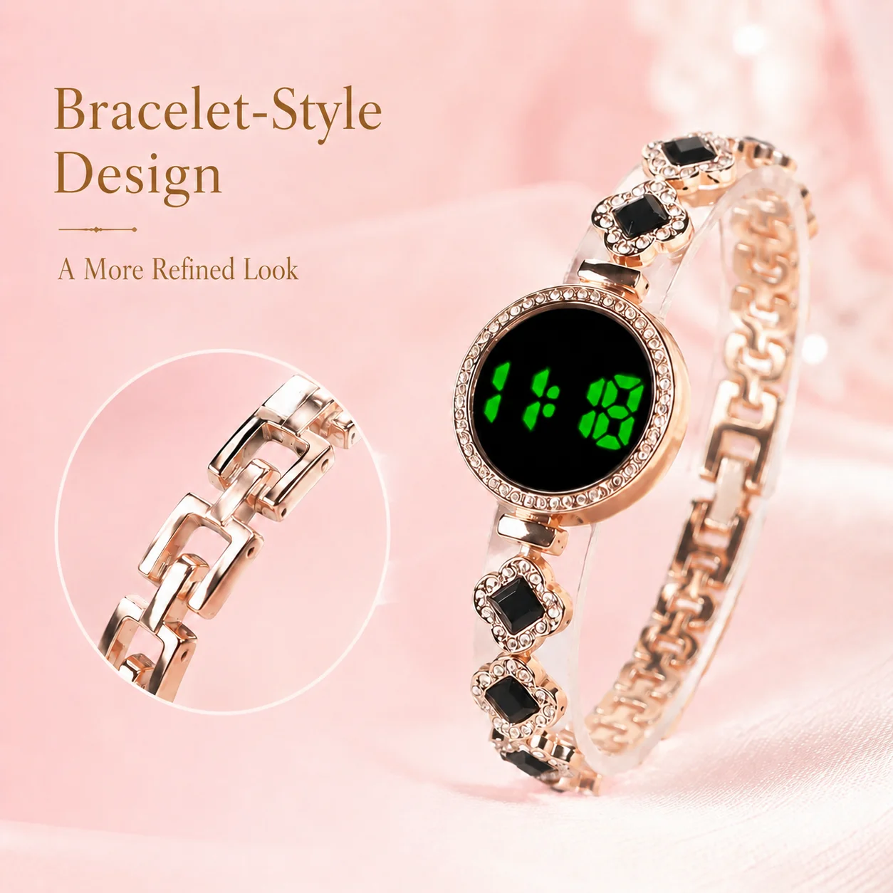 Women's Bracelet-Style LED Digital Watch, Rose Gold Metallic Strap, Multiple Colors Available, Fashionable and Versatile - 2