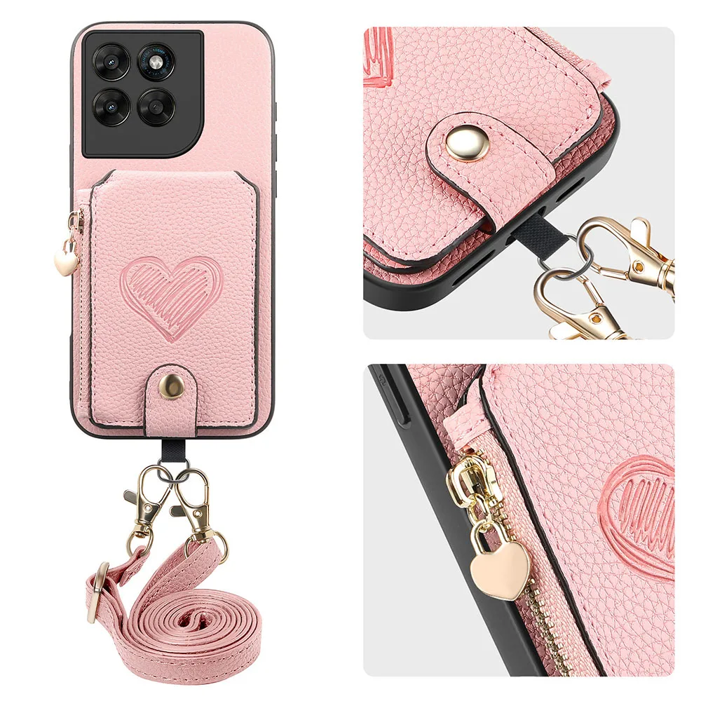 Zipper Wallet Phone Case - Leather Card Holder Cover with Lanyard