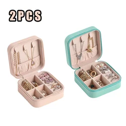 Compact Leather Travel Jewelry Organizer Box - Mini Storage Case for Earrings, Necklaces, and Rings (Pink Green)