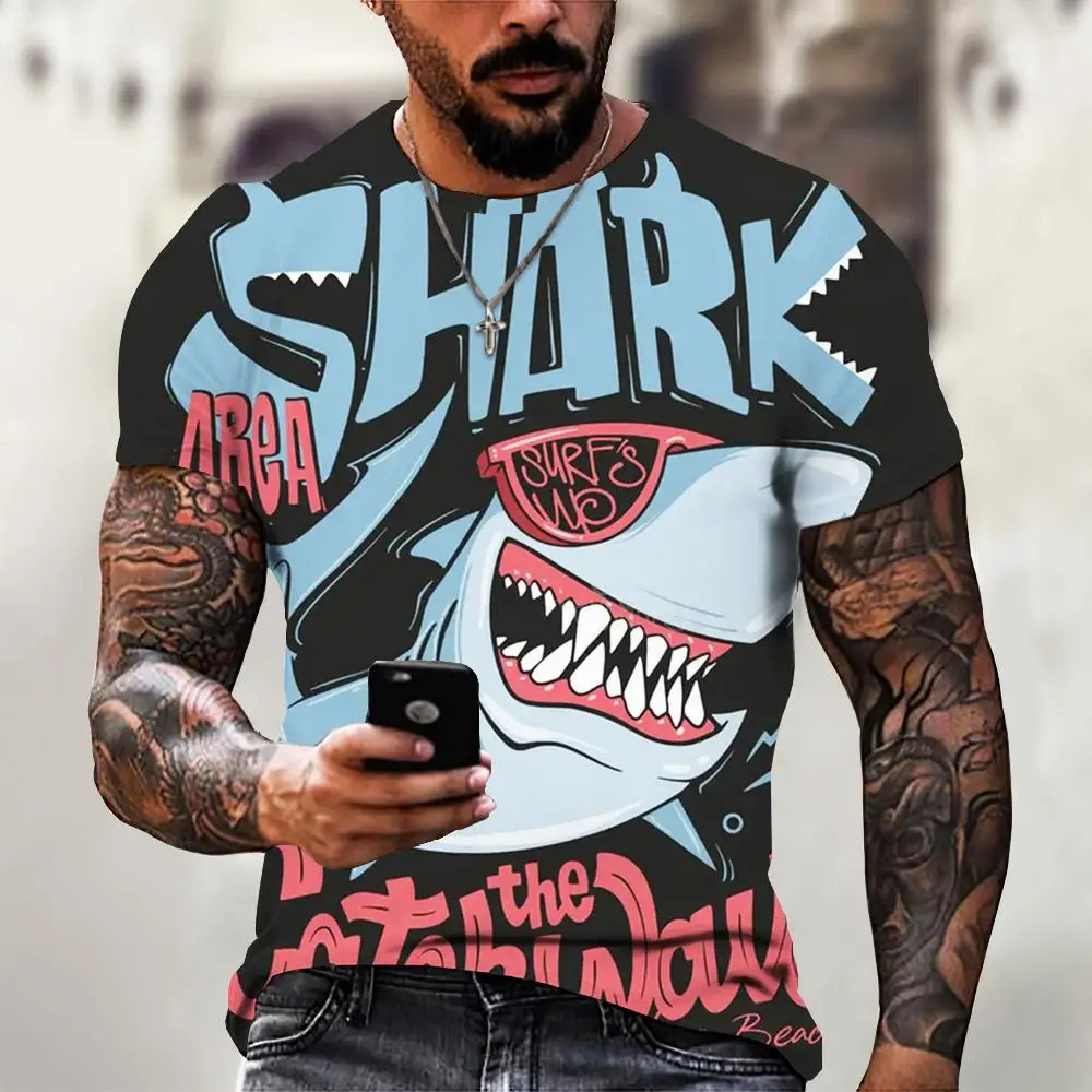

New T Shirt For Men Anime Shark Print Men's T Shirt Hip Hop Style Short Sleeve Tops Summer Round Neck Streetwear Oversized Tees