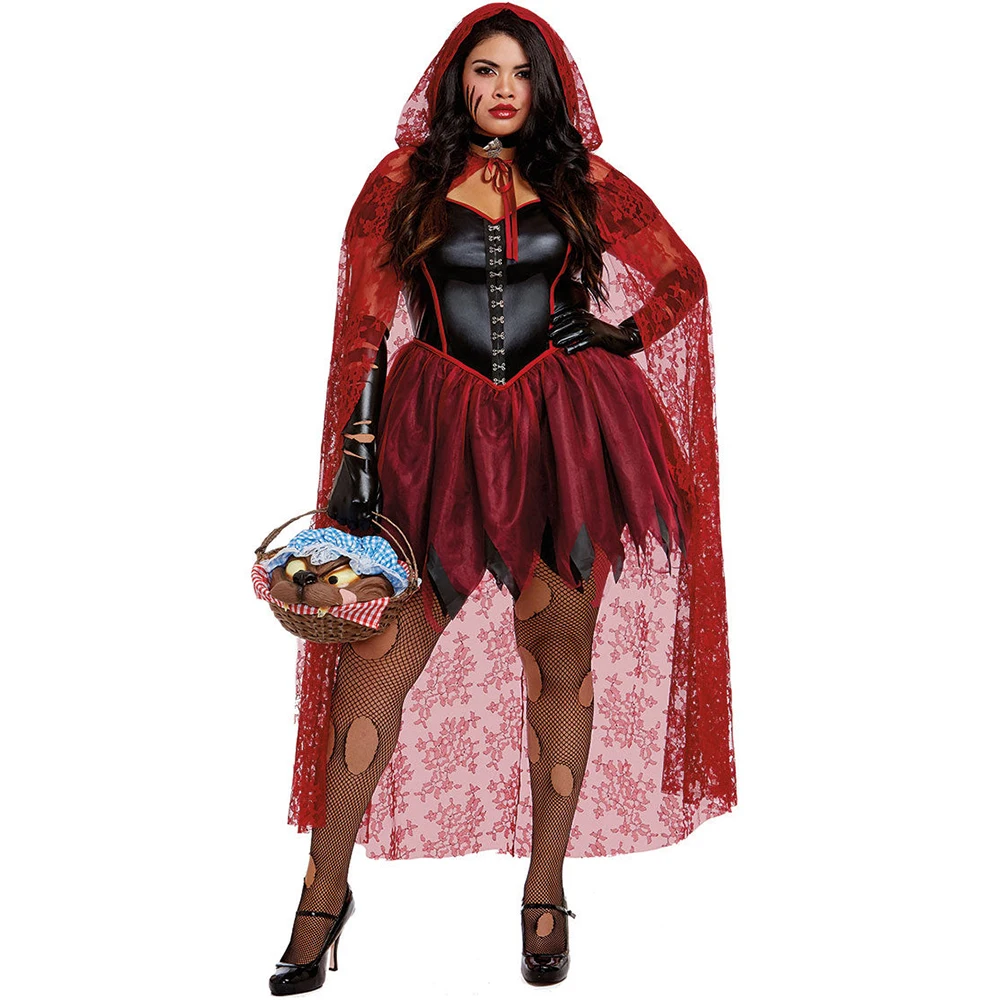 

Women Sexy Fairy Tale Little Red Riding Hood Nightclub Fantasia Costume Halloween Carnival Party Bloody Vampire Cosplay Dress
