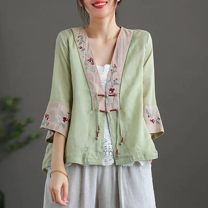 New cotton linen vintage cheongsam blouse traditional chinese tea clothing flower embroidery women hanfu oriental tang suit