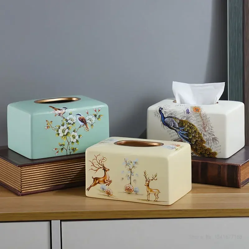 Flower and Bird pattern ceramic tissue box, European modern storage box, for home, bedroom, living room, dining room, 1pc