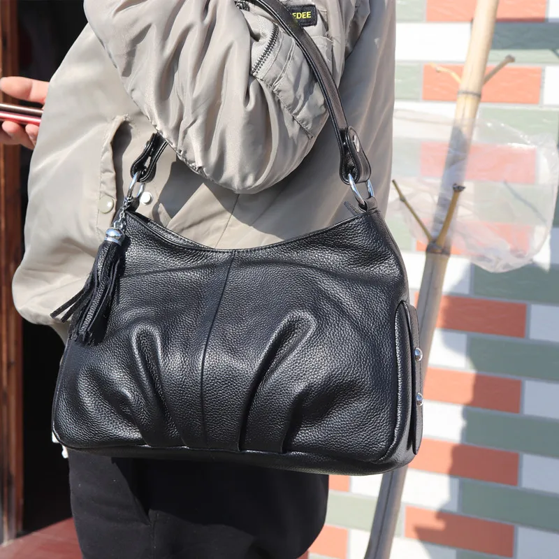 Casual Designer Women's Genuine Leather Tassel Handbags Lady Shoulder Bag Soft Cowhide Satchel Black Messenger Crossbody Purse