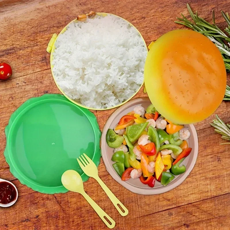 Cute Double-layer Hamburger Lunch Box Food Grade Student Children Lunch Box Microwave Heatable Bento Boxs Outdoor Food Packaging
