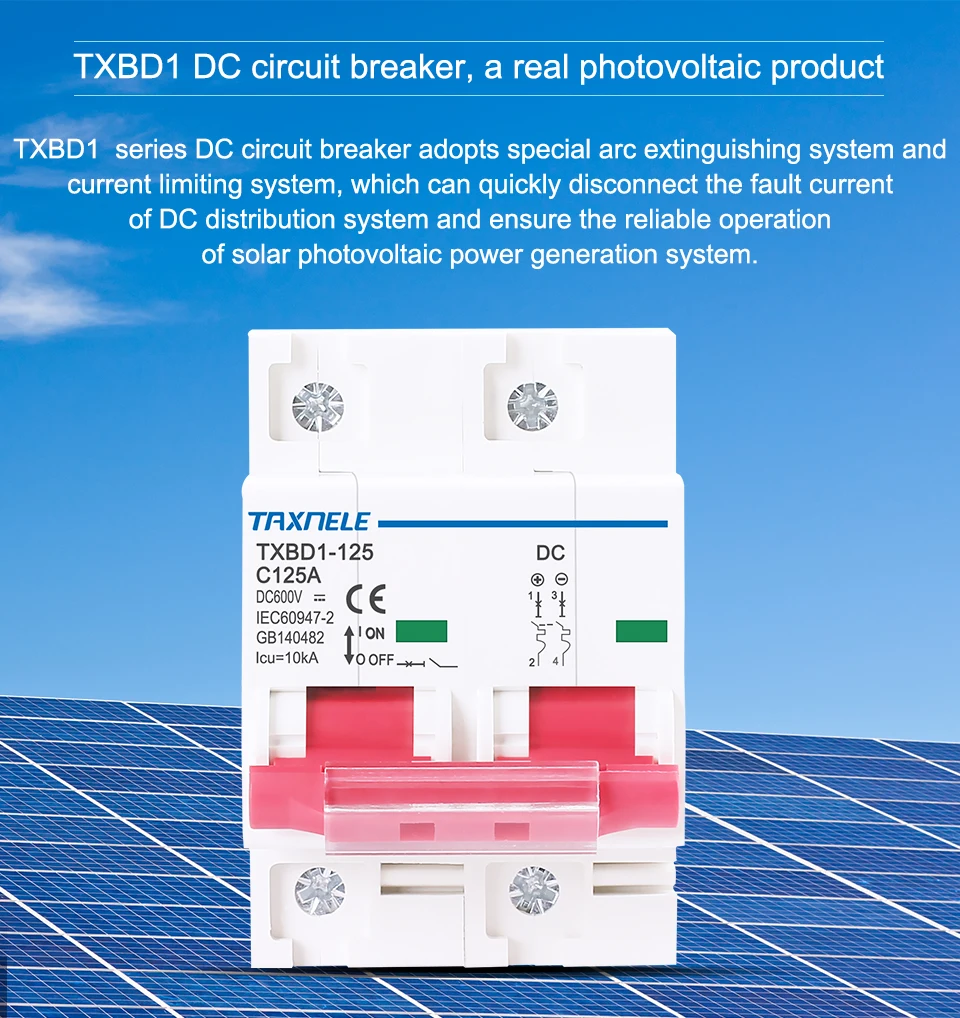 2P DC 600V Solar Mini Circuit Breaker Battery Switch 125A 100A DC MCB for Photovoltaic PV System