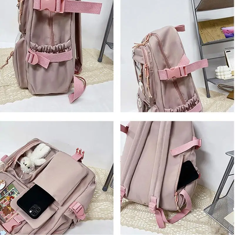 Sac à Dos d'École Kawaii pour Fille, Noir, Rose, Blanc Crème, Vert, avec Épingle et Accessoires Mignons