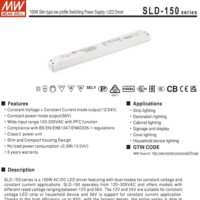 MEAN WELL SLD-50/80/150 LED 드라이버, AC to DC SMPS, 12V, 24V, LED 정전압 정전류 스위칭 전원 공급 장치, Meanwell