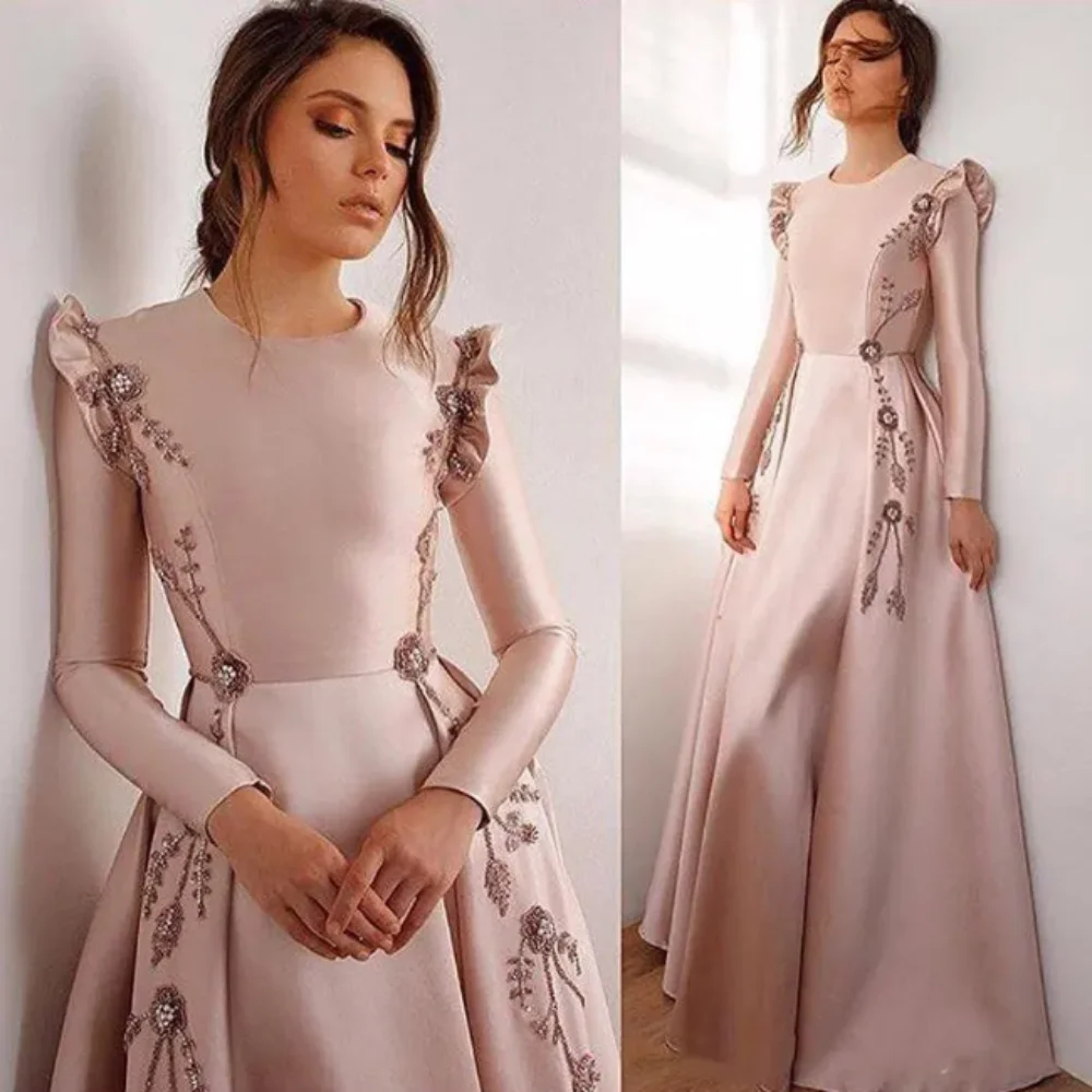 

Blush Pink Muslim A Line Evening Dresses Jewel Neck Long Sleeve Beading Formal Gown Floor Length Satin Abric Dubai Evening Gowns