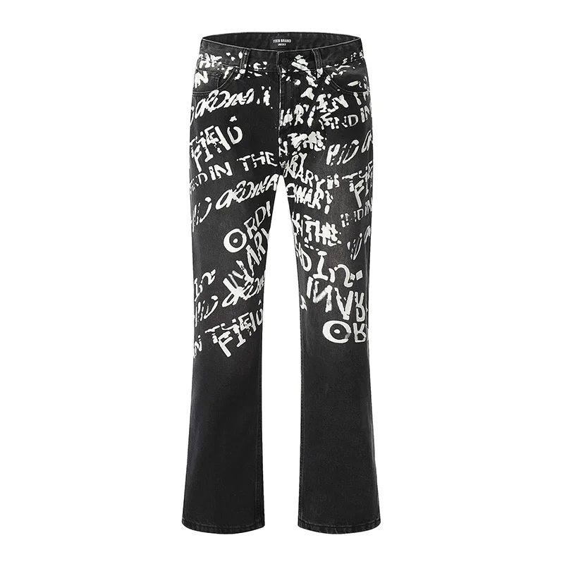 

Harakuju Graffiti Streetwear Casual Jeans Pants Men Hip Hop Washed Vintage Denim Trousers Black