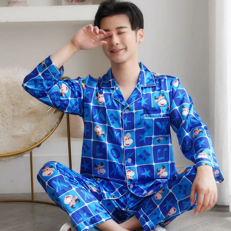 men long sleeve pajamas pure cotton spring pyjamas lapel print nightdress casual loose sleepwear large size comfortable homewear Spring Ice Silk Pajamas Couples Long Sleeve Pyjamas Youth Cartoon Nightdress Lapel Print Sleepwear Loose Comfortable Home Wear