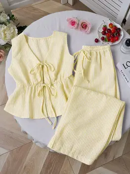 2026 Summer Two Piece Set Women Striped V Neck Lace Up Sleeveless Blouse High Waist Wide Leg Pants Suits Sweet Casual Tracksuits 1