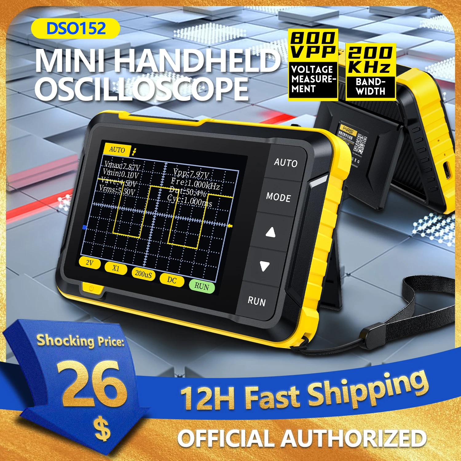 FNIRSI DSO152 Handheld Digital Oscilloscope 2023 New Version ,2.5MSa / S 200KHz Analog Bandwidth 800 VPP With PWM Output