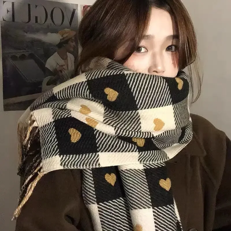 Women's Winter Scarf Love Heart Cashmere Long Tassel Shawl Thickened Warm Plaid Neckband Scarf Men Korean Fashion Accessories