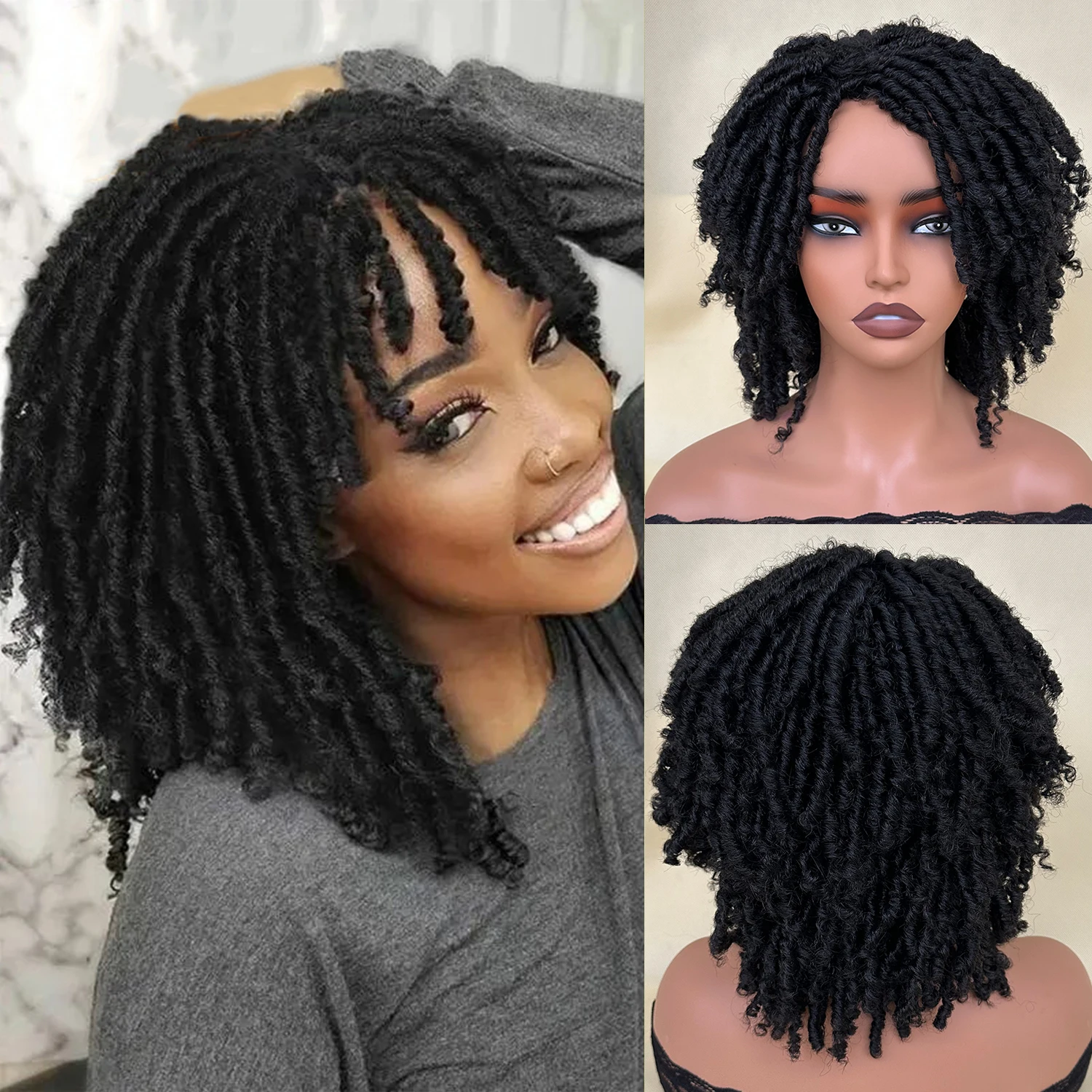 Mens Afro Bob Braided Wig Synthetic Faux Locs Crochet Twist Braiding Wig For Women