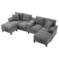 4-местный U-образный диван с местом для хранения вельветовых подушек, подстаканниками и двумя USB-портами для гостиных — изображение 6