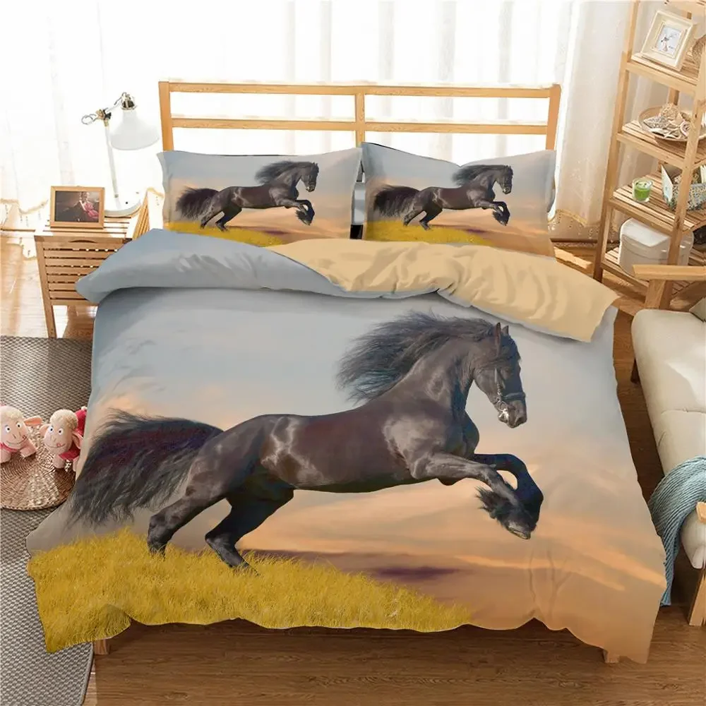 3D-Bettbezug-Set mit Tiermotiv, herrschsüchtiges galoppierendes Pferd, weiches 2/3-teiliges Bettbezug-Set aus Polyester mit Kissenbezug – Detail 11