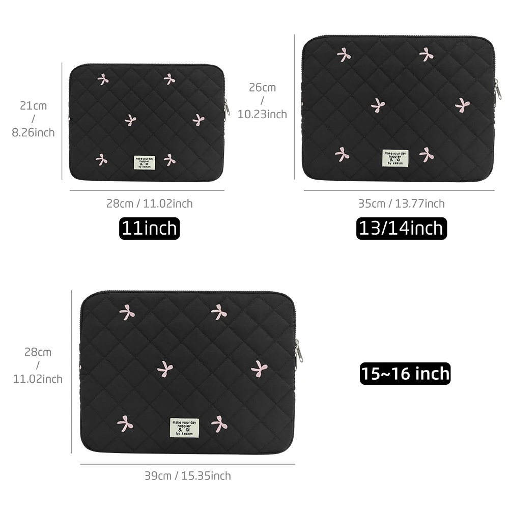 Elegant Bow Embroidery Laptop and Tablet Sleeve Case - Soft Protective Cover for 13 to 16 Inch Devices