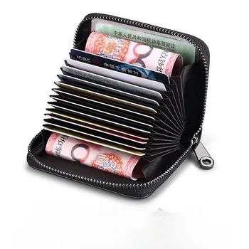 Multi Slot Card Holder Vintage Small Wallet Women Men Business Bank Credit Card Bag Male Coin Pouch Solid Leather Zipper Wallet 5