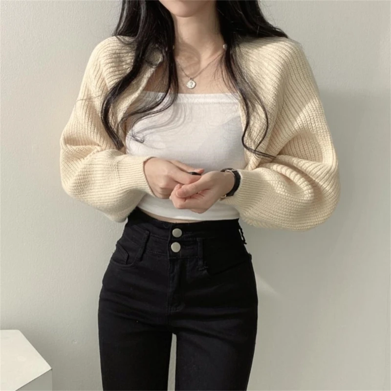 여성용 오픈 프론트 셔그 긴 소매 크롭 가디건 스웨터, 레이디 데일리 캐주얼 단색 아우터 재킷, 짧은 숄 상의, 가을