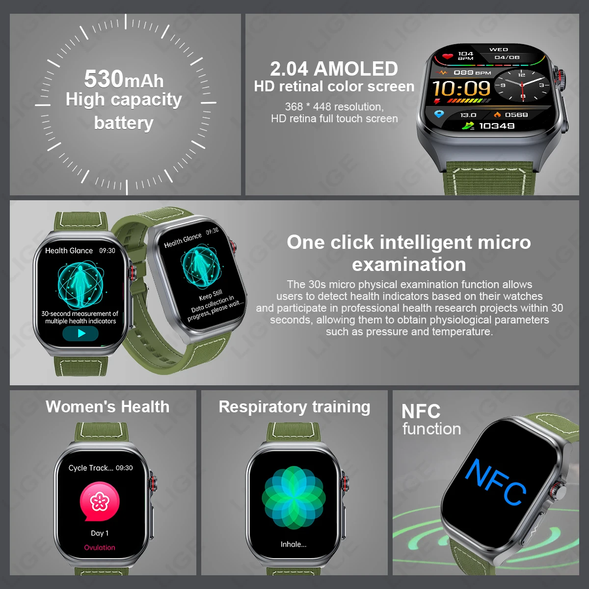 LIGE AMOLED Smart Watch ET585 Men ECG Blood Compositoin Health Monitoring Bluetooth Call Women Sports Fitness Tracker Smartwatch
