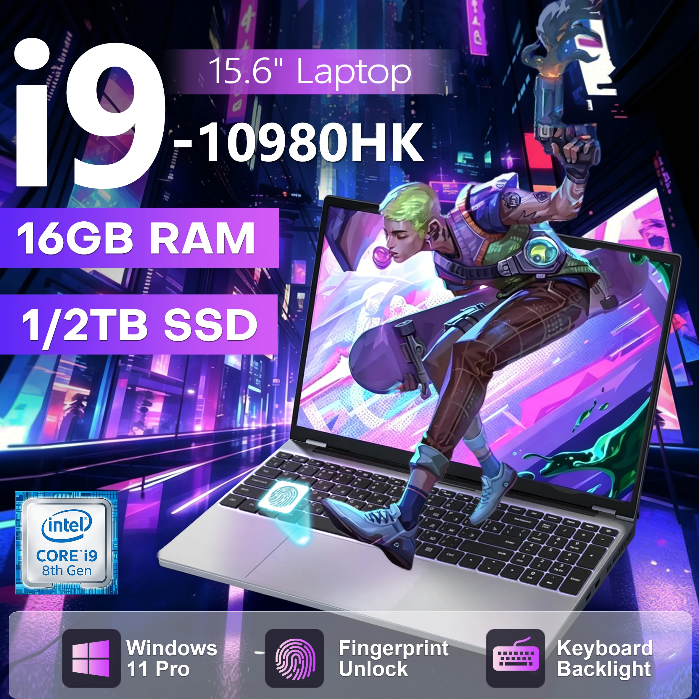 Computadora portátil Windows 11 Pro i9 de 15.6 pulgadas, PC con Intel Core i9 10980HK, 16 GB de RAM, 1 TB SSD, desbloqueo por huella dactilar, teclado retroiluminado. 1