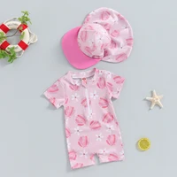 Baby Girl Rash Guard Swimsuit Short Sleeve Scallop Shell Print Bathing Suit Infant Swimwear with Sun Hat 2 Pieces Set 3