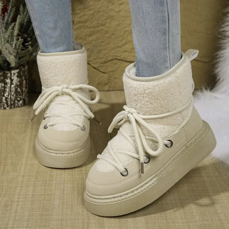 Women's Thick-soled Cross-strap Snow Boots Women Winter Round Toe Flock Plush Warm Mid Heel Water Proof Casual Warm Snow Boots