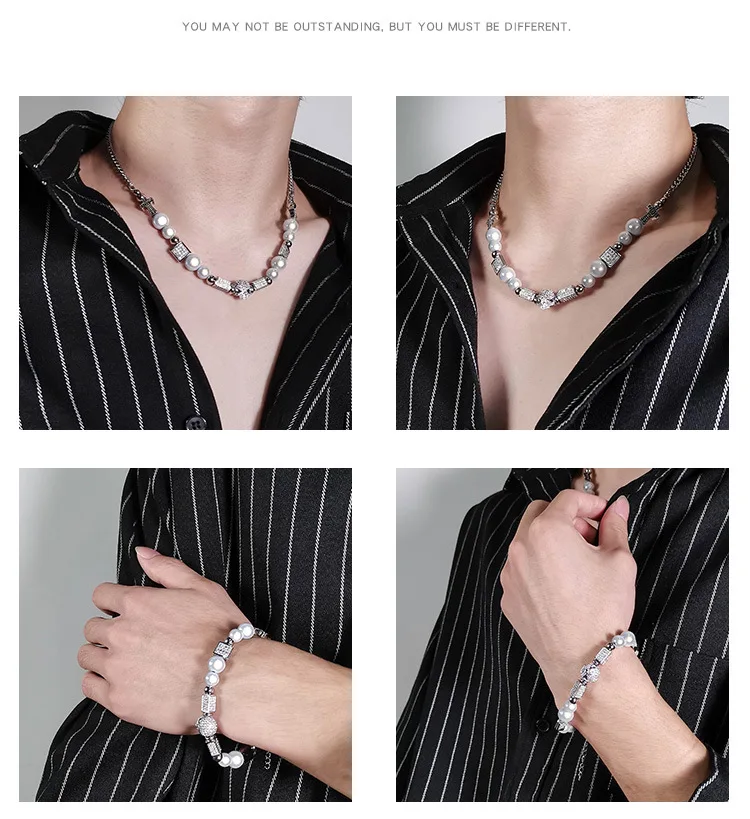 

Men's and women's collarbone pearl chain inlaid with diamond necklace, luxurious and niche design for couples