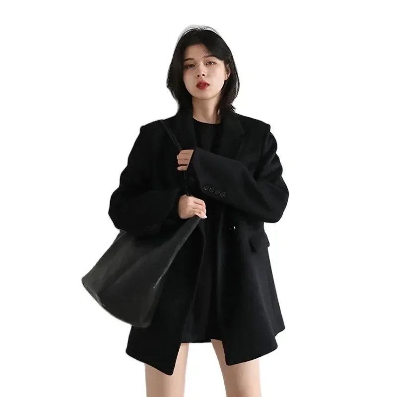 Women Wool Blend Coat Solid Mid Long Woolen Blazer Thick Warm Blouse Women's Overcoat Office Lady Tops Autumn and Winter 2023