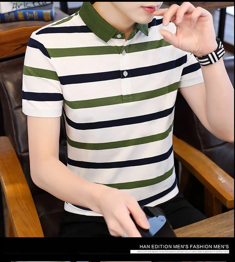 Summer new men's short-sleeved T-shirt striped cotton thin section business lapel men's polo shirt men's models 19 See36ff85f6ab4641b04958b7430e3caej
