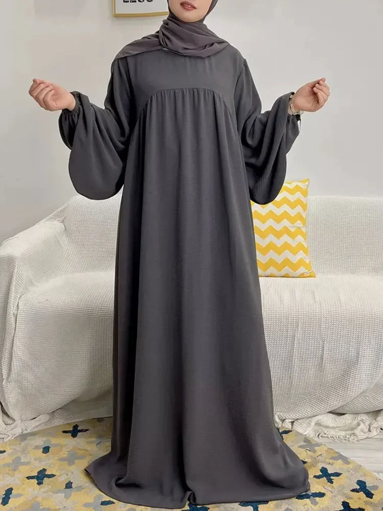 casual Plain Abaya Muslim Long Dress Ramadan Crepe Balloon Sleeve Islamic Jilbab African Dresses for Women Dubai Turkey Kaftan