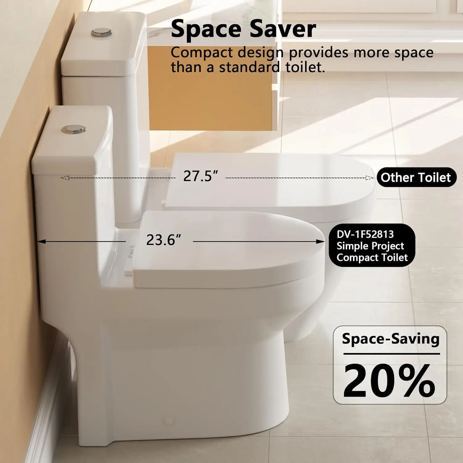 Small Compact One Piece Toilet For Bathroom, Dual Flush Toilet with Soft Closing Seat, 0.8/1.28 GPF High-Efficiency, White Toile