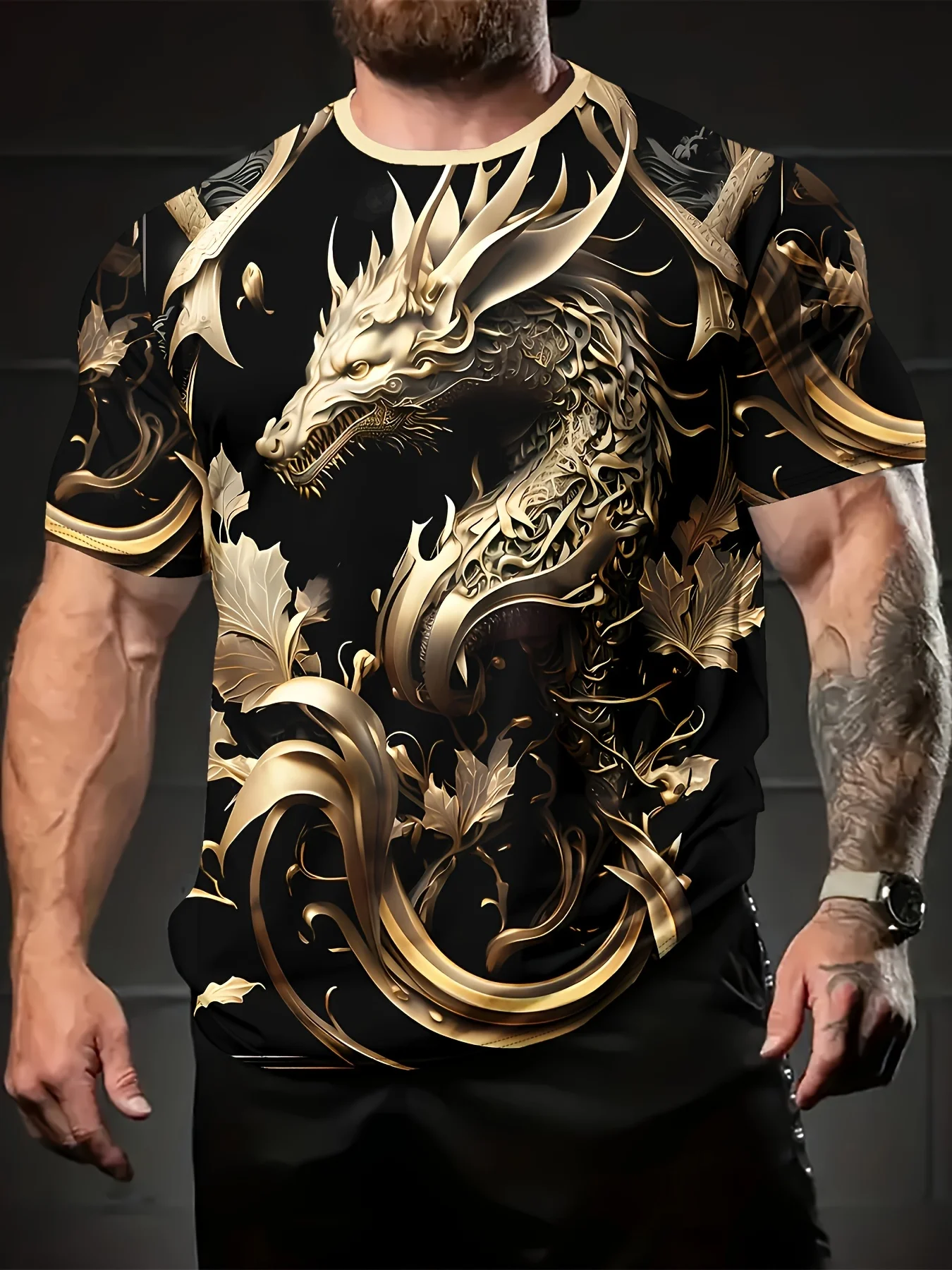 2026 Hot Selling Fashionable Outdoor Gold Dragon Pattern 3D Printed T-shirt Round Neck Sports and Leisure T-shirt Large Size