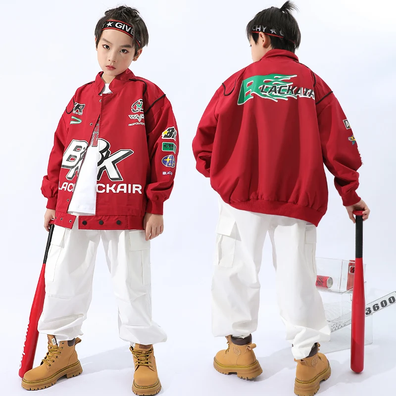 

Kids Teen Concert Outfit Hip Hop Clothing Red Motocycle Coat Jacket Tops Cargo Pants For Girl Boy Dance Costume Show Clothes