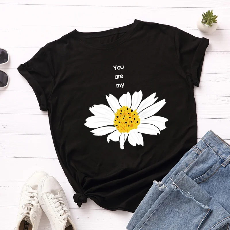 

Daisy Flower Letter Pattern Women's Cotton Round Neck Short Sleeve T-shirt Fashion Women's Loose Plus Size Top