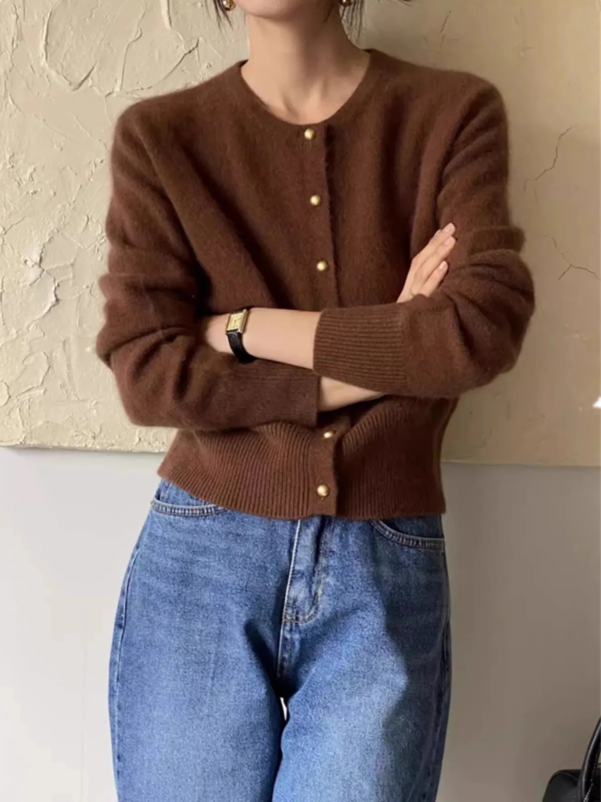 여성용 캐주얼 편안한 루즈핏 짧은 캐시미어 니트 가디건, 라운드넥 스웨터 코트, 울 탑, 용수철 및 가을