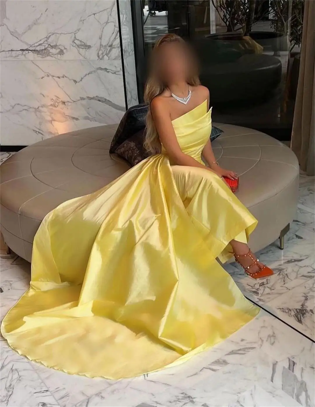 

Желтое атласное длинное платье Дубая для выпускного вечера без бретелек в пол Саудовский арабский женский вечерний наряд