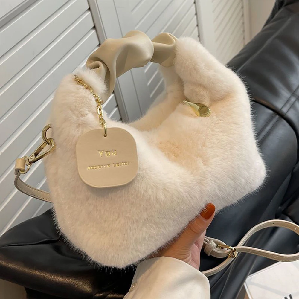 Modische süße Plüsch-Umhängetasche für Damen, einfarbig, weich, flauschig, Handtasche, Herbst-Winter, weiche Plüsch-Umhängetasche