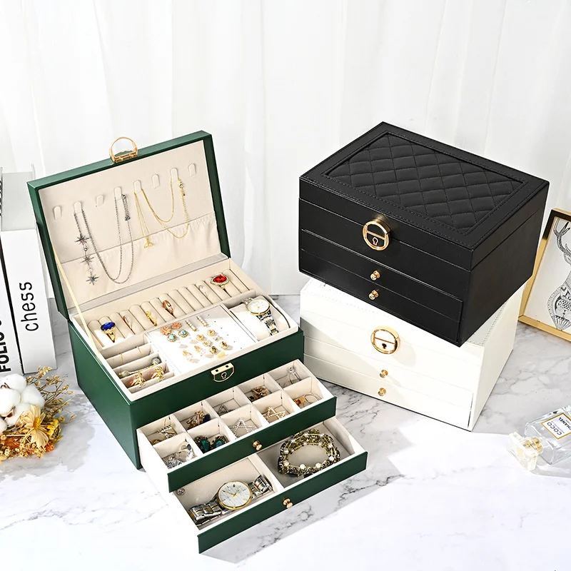 1Pcs Three Layer Drawer Style Jewelry Storage Box with Lock Earrings Necklace Large PU Leather Jewelry Packaging Organizer Boxes luxury leather three layer jewelry storage box with drawer lock velvet display pallet women earrings necklaces display cabinet