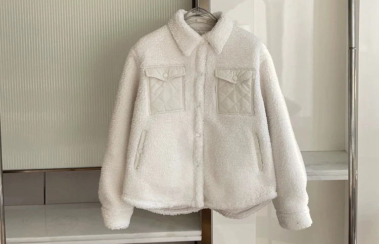 Frühlings-Lammwollmantel für Damen, Patchwork-Steppmantel, dick, lässig, lockerer Reverskragen, einfarbig – Detail 1