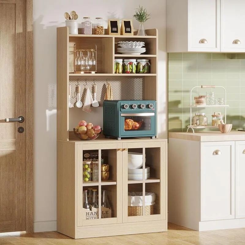 

70.8-Inch Kitchen Pantry Cabinet, Tall Hutch Cabinet with Tempered Glass Doors