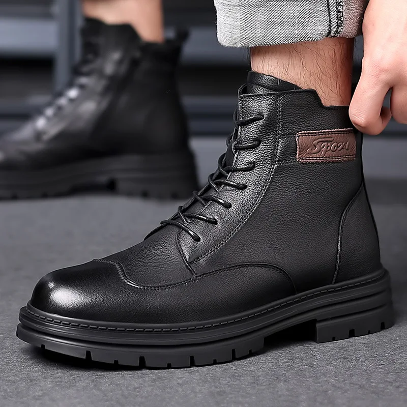 

Men's Retro Leather Boots Lace Up Side Zip High Top Platform Shoes British Style Trendy Motorcycle Boots Botas Militares Hombres