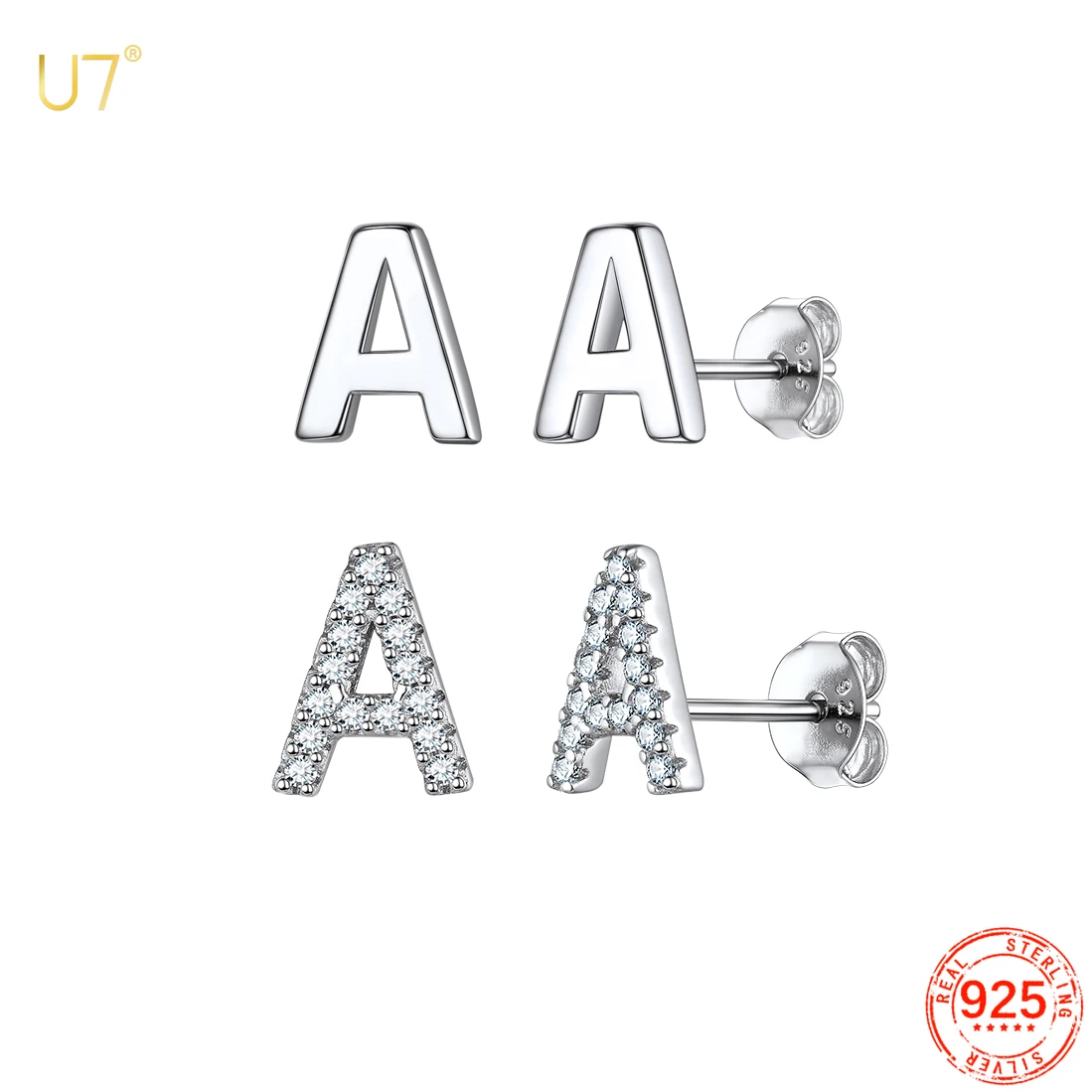 U7 925 Sterling Silver Letter Small Stud Earrings for Women Whitt CZ Zircon Paved Initial ABC Classic Personalized Name Jewelry