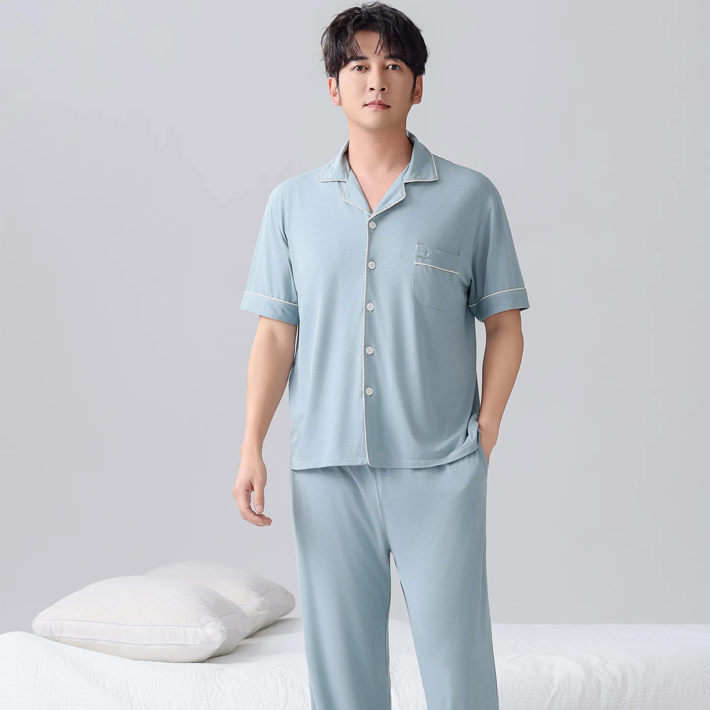 남성 카디건 파자마 세트 여름용 부드러운 모달 파자마 남성 홈웨어 반팔 상의 + 긴 바지 2종 세트 잠옷