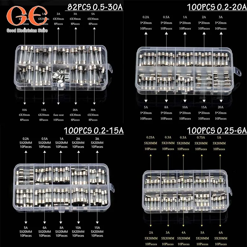 Fast-blow Glass Tube Fuses 5*20 Household Fuses Car Glass Tube Assorted Kit 5X20 Box Fusiveis 0.1A-30A 100Pcs