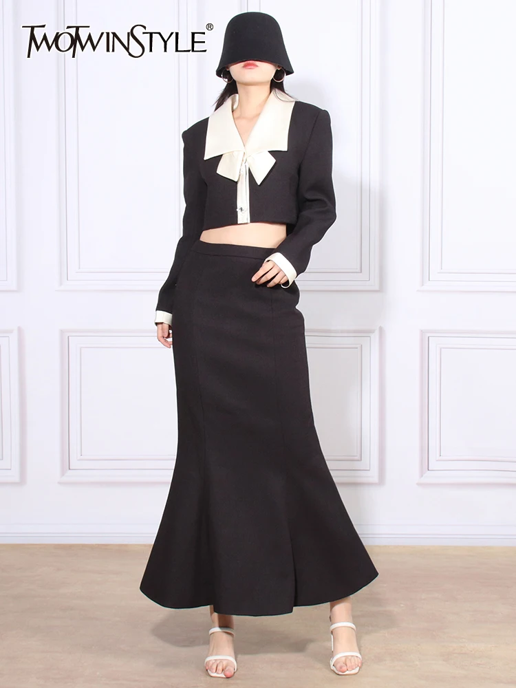 

TWOTWINSTYLE Colorblock Two Piece Set For Women Lapel Long Sleeve Spliced Button Top High Waist Mermaid Skirt Slim Sets Female